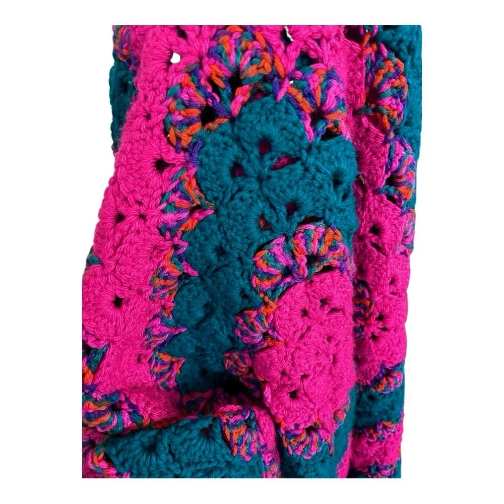 Handmade crocheted Afghan flowers and scalloped trim teal fuchsia unique granny